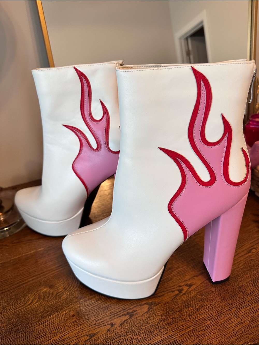 White & Pink Flame Platform Ankle Boots